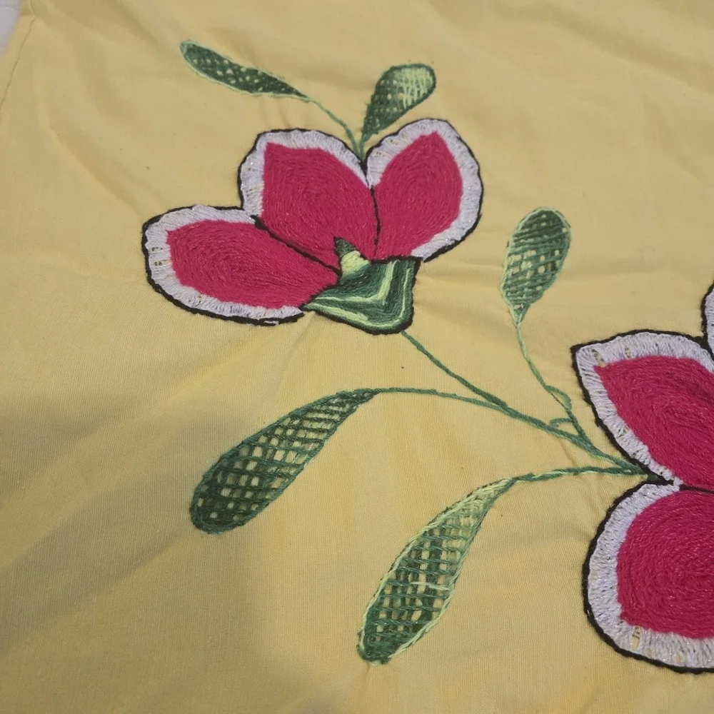 Vintage Mexican Boho Hand Embroidered Pillowcase Standard Yellow & Fuschia